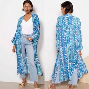 Evereve Women’s Sienna Blue Geometric Longline Wrap Kimono Ikat Pattern